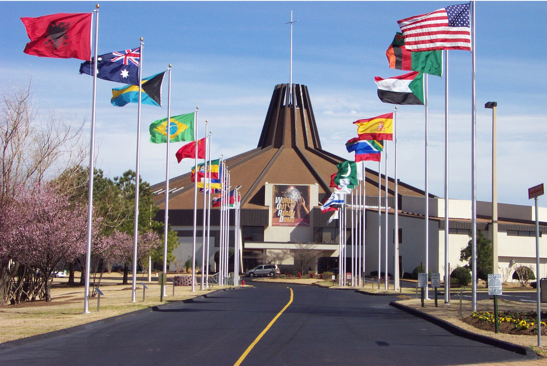 World Overcomers Church campus exterior at golden hour